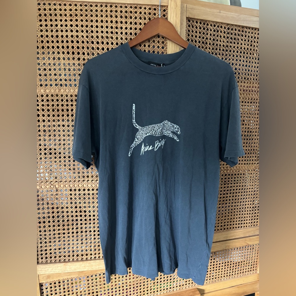 NWT Anine Bing Walker Spotted Leopard T-Shirt 100% organic cotton washed black L